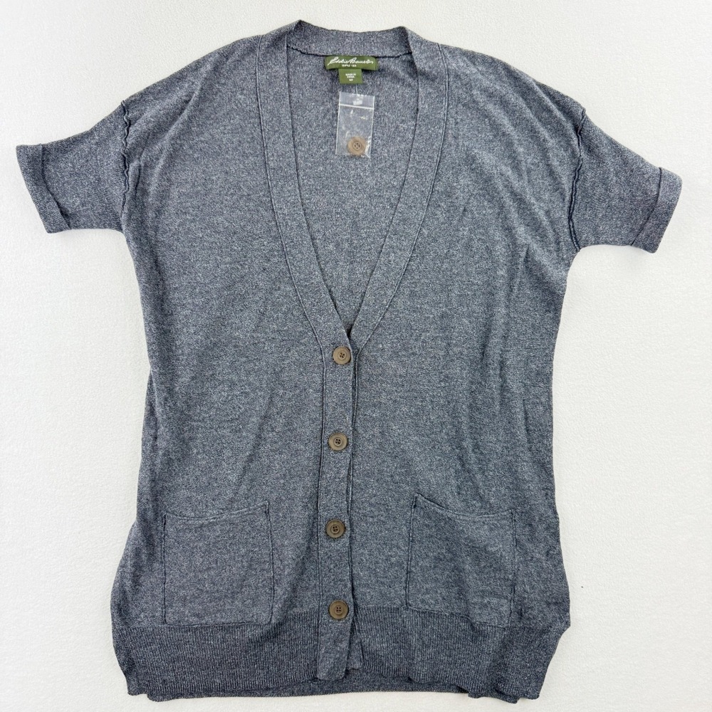 Eddie Bauer Short Sleeve Cardigan Sweater‎ Womens Size M Petite Heather Gray NWT